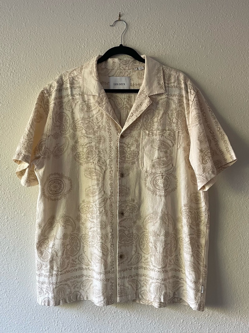 Les Deux Lesley Paisley SS Shirt XL Ivory Beige Camp Collar Ramie Cotton